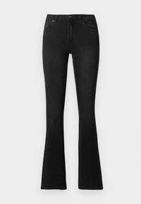 Jeans de mezclilla negra acampanados que cuentan con una cintura ajustada, cinco bolsillos y adornos plateados dispersos por toda la tela.