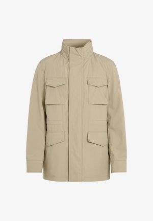 Giubbotto leggero beige con colletto alto, due tasche sul petto e due tasche laterali, caratterizzato da una linea dritta e una texture liscia.