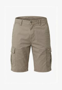 Pantalones cortos cargo beige con bolsillos laterales con solapa, trabillas para cinturón, botón frontal y cierre de cremallera.