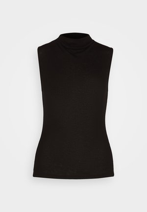 Melnas bezpiedurkņu turtleneck blūze, izgatavota no ribotas auduma, ar augstu apkakli un pieguļošu siluetu. Nav rakstu vai akcentu.