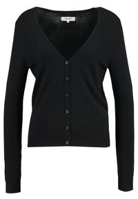 Svart cardigan med V-ringning, långa ärmar och knäppning fram. Tillverkad av mjukt material med ribbstickad nederkant och ärmmuddar.