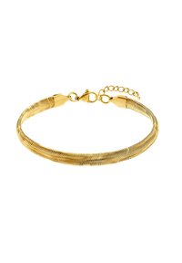 Gouden armband met een getextureerd, visgraatpatroon en een sluiting met een verstelbare schakel voor maatvariatie.