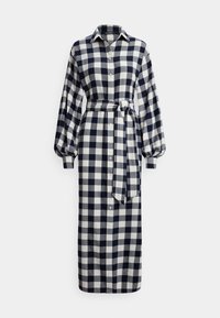 Garām piedurknēm, ar pogām aiztaisāma kleita jūras zilā un baltā ginghama rakstā, ar jostasvietu un apkakli.