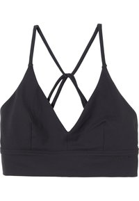 Black sports bra with a deep V-neck, crisscross back straps, and a banded bottom. Made from smooth, stretchy material.