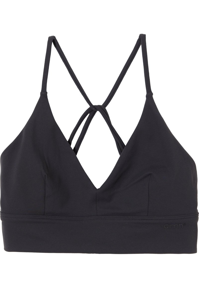 Black sports bra with a deep V-neck, crisscross back straps, and a banded bottom. Made from smooth, stretchy material.