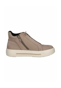 Beige suede high-top sneaker with a white rubber sole, side zipper, and round toe design. Smooth texture with subtle stitching details.