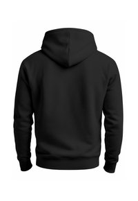 Black hoodie made of soft fabric. Features a spacious hood, long sleeves, and ribbed cuffs. Simple, clean design without embellishments.