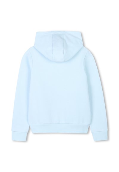 Hoodie bleu clair en tissu doux avec une poche kangourou et des poignets côtelés. Doté d'une capuche à cordon de serrage et d'une silhouette décontractée.