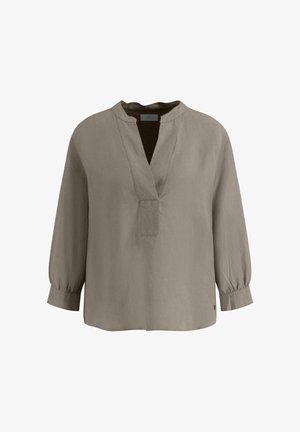 Svijetlo siva lanena bluzica s izrezom u obliku slova V, rukavima do tri četvrtine puf stila i malim prednjim džepom. Mekana tekstura i ležeran kroj.