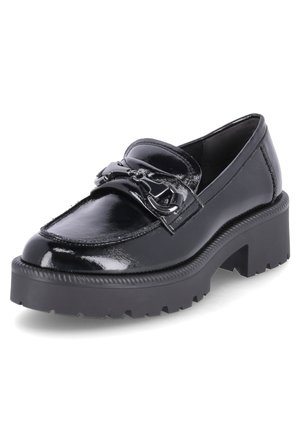 Sorte loafers i laklæder med en tyk platformsål, dekorative sølvsmykker foran og en rund tådesign.