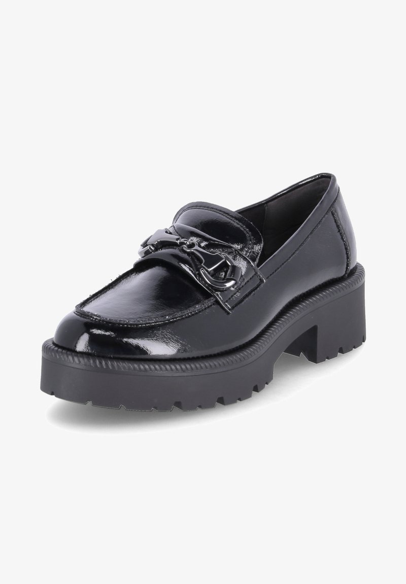 Mocassins en cuir verni noir avec une semelle plateforme épaisse, une quincaillerie argentée décorative à l'avant et un design à bout arrondi.