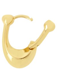 Boucle d'oreille en or avec une finition lisse et brillante. Caractérisée par un design ouvert avec des embouts arrondis et une charnière pour un enfilage facile.