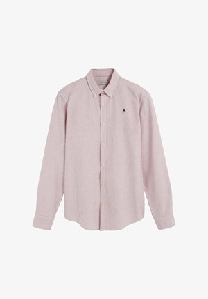 Camicia a maniche lunghe a righe rosse e bianche con colletto button-down, caratterizzata da un piccolo logo nero sul lato sinistro del petto e polsini con bottone.
