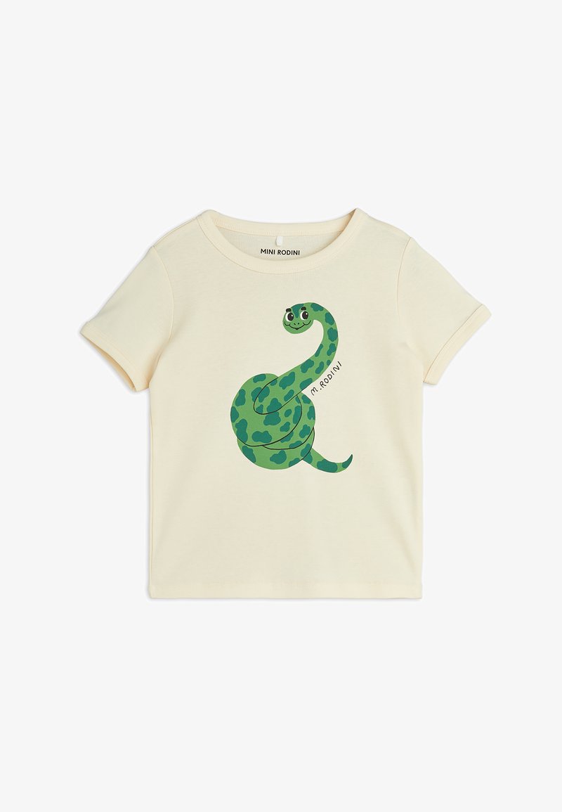 Krém színű, rövid ujjú póló, zöld pöttyös, rajzfilmszerű kígyó grafikával. A címke felirata: "MINI RODINI." Puha pamut anyag.
