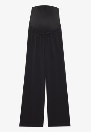 Schwarze Umstandshose mit einem breiten, dehnbaren Bündchen und einer Schleifenakzentuierung. Hergestellt aus weichem Stoff, mit einem lockeren, weitem Bein-Design.