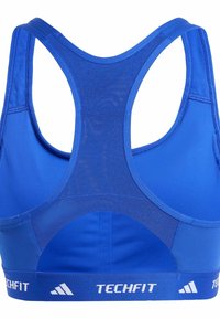 Blue athletic sports bra with mesh back, wide straps, and a branded elastic band. Smooth texture with a fitted design for support.