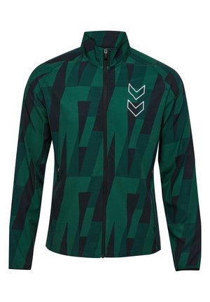 Groene zip-up jas met geometrische zwarte patronen, hoge kraag en witte logo accenten. Lichtgewicht stof en twee zijzakken.