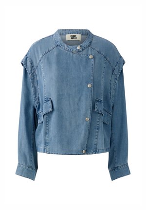 Light blue denim jacket with asymmetrical snap button closure, long sleeves, flap pockets, and a round collar.