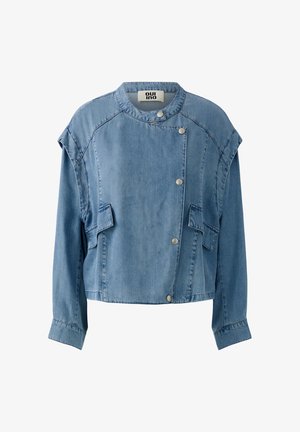 Light blue denim jacket with asymmetrical snap button closure, long sleeves, flap pockets, and a round collar.