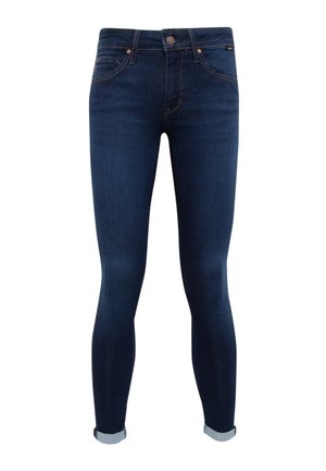 Dark blue skinny jeans made of denim with a smooth texture. Features a button closure, five pockets, and rolled cuffs at the ankle.