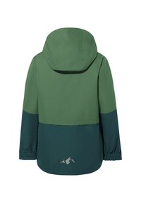 Veste de pluie verte avec un design bicolore, capuche ajustable, poignets élastiques et un logo de montagne discret au dos.