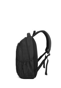 Zaino nero realizzato in tessuto resistente, con spallacci imbottiti, numerosi scomparti con zip e tasche laterali in rete per bottiglie d'acqua.