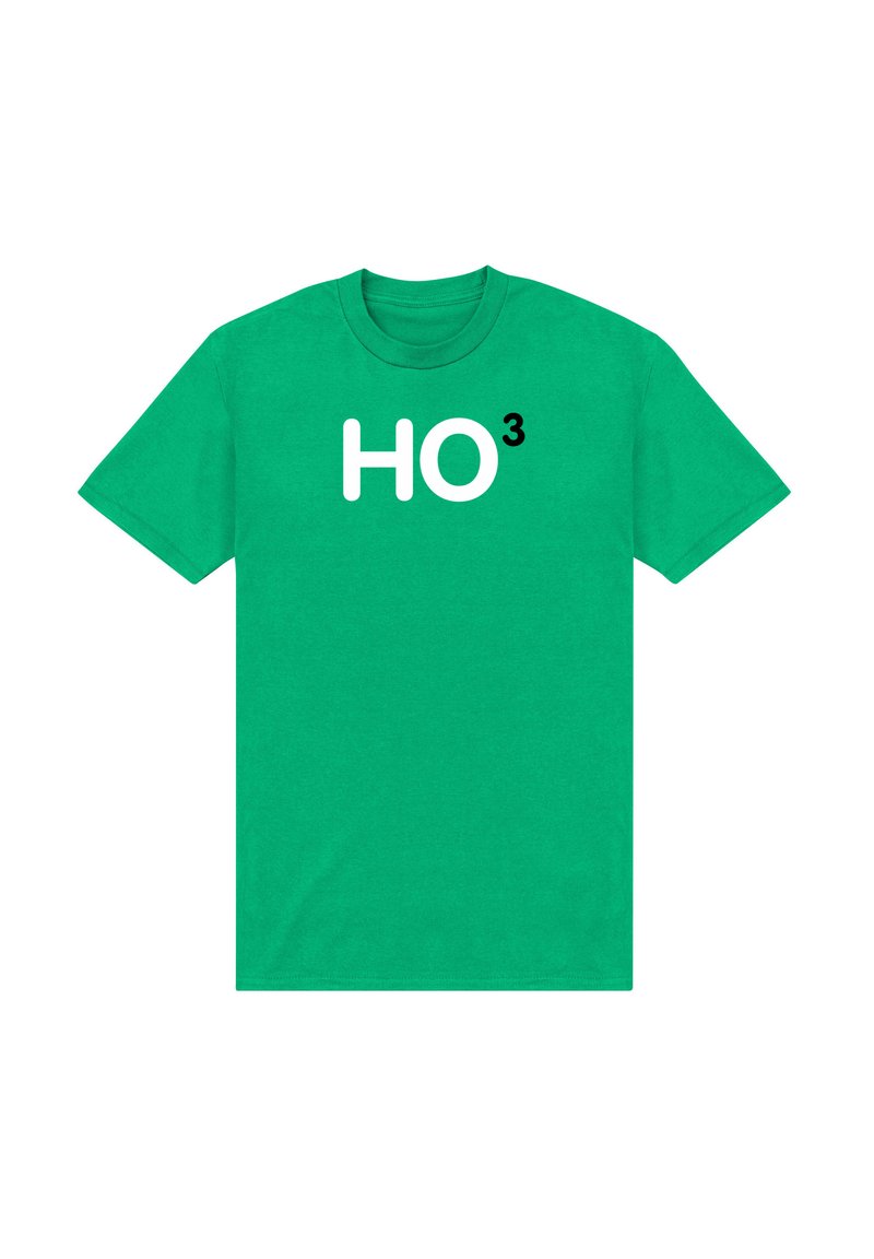 Grøn bomulds t-shirt med rund hals, med teksten "HO" i hvid og "3" i sort trykt på fronten. Korte ærmer.