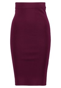 Vínová tužková sukně na tělo vyrobená z žebrované látky. Má vysoký pas a hladkou texturu, bez viditelných švů nebo vzorů.