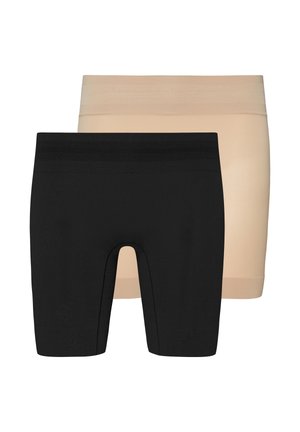 To par shorts: et sort og et beige. Begge har en glat tekstur og en bred elastisk linning, designet til behagelig brug.