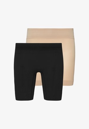 To par shorts: et sort og et beige. Begge har en glat tekstur og en bred elastisk linning, designet til behagelig brug.