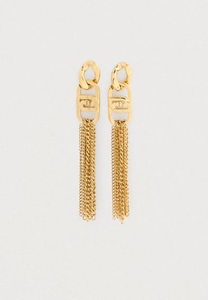 Náušnice s zlatým odtieňom v tvare strapca s prepojenými oválnymi článkami a viacerými visiaciami reťazovými článkami na svetlom pozadí.