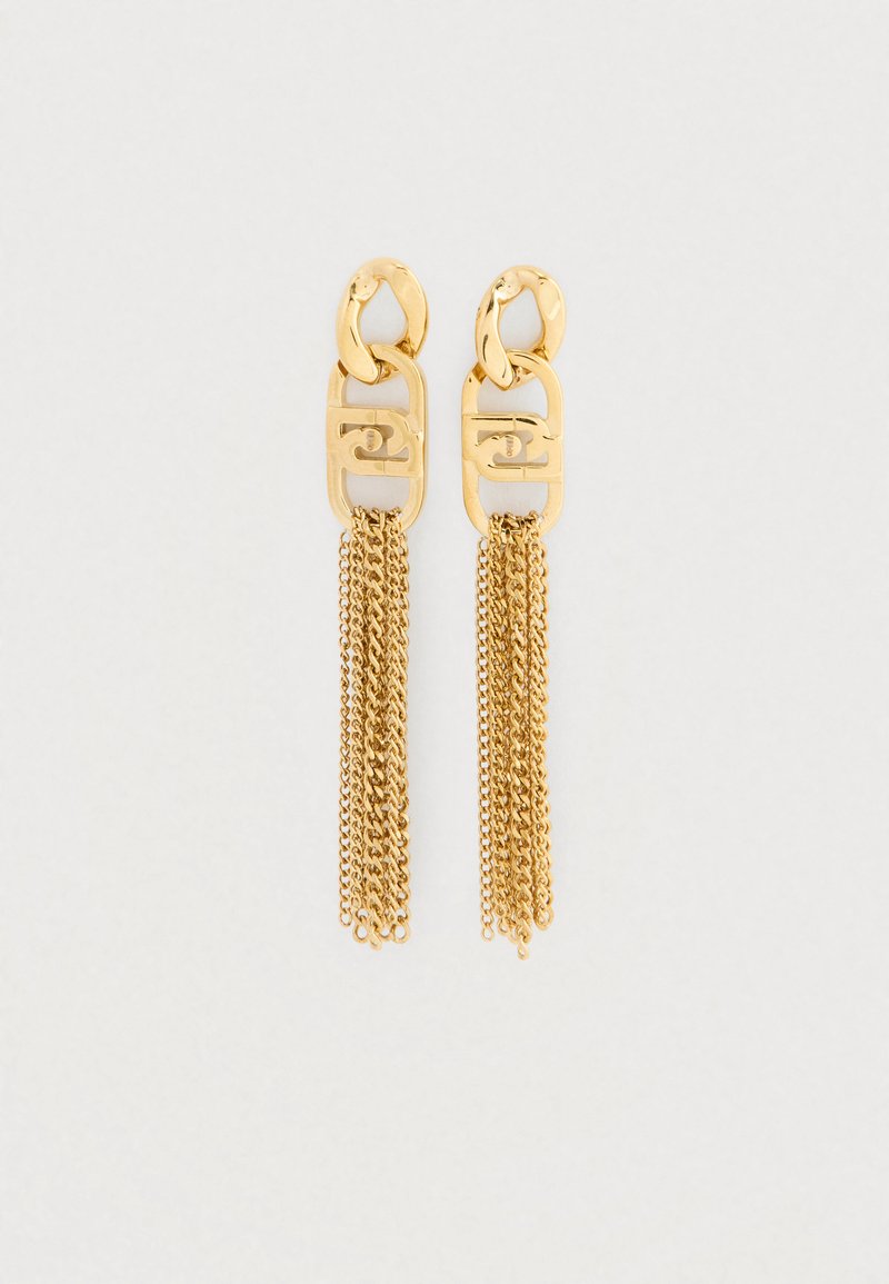 Náušnice s zlatým odtieňom v tvare strapca s prepojenými oválnymi článkami a viacerými visiaciami reťazovými článkami na svetlom pozadí.