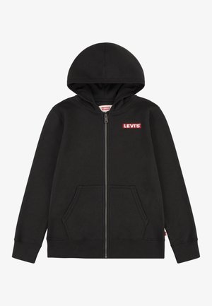 Felpa nera con zip in cotone, con etichetta logo frontale, due tasche anteriori e cappuccio. Polsini e orlo a coste.