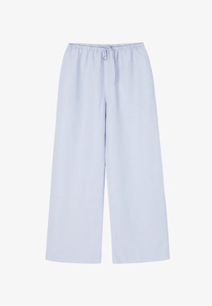 Lyseblå, bredbenede bukser lavet af blødt stof med elastisk talje og justerbart snoretræk. Ingen lommer eller bemærkelsesværdige mønstre.