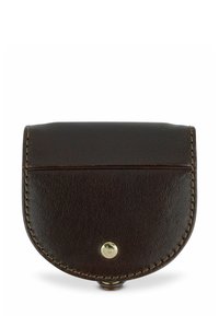 Braune Leder-Münztasche mit runder Form, Deckelverschluss, goldfarbener Hardware und sichtbaren Nähten an den Kanten.
