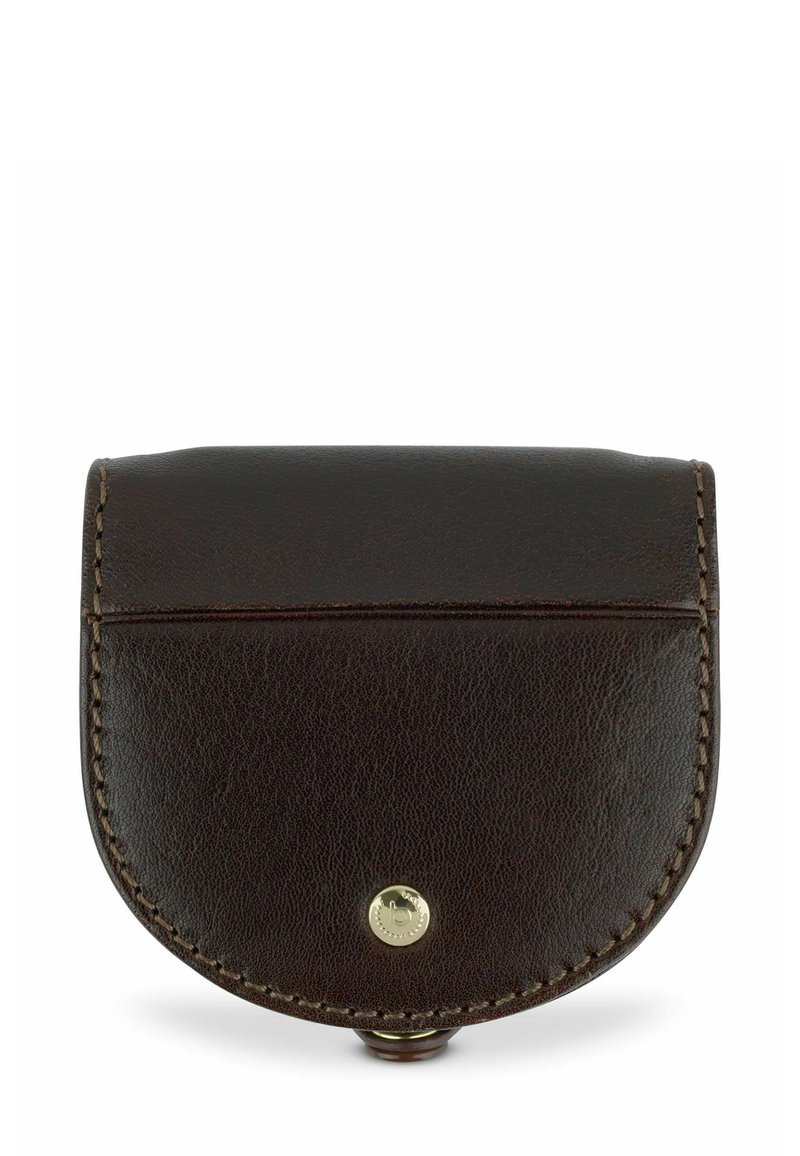 Braune Leder-Münztasche mit runder Form, Deckelverschluss, goldfarbener Hardware und sichtbaren Nähten an den Kanten.