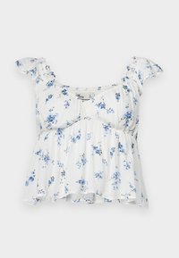 Floral blouse in lightweight, textured white fabric with blue flower pattern. Features elasticated, ruffled sleeves and a gathered waist.