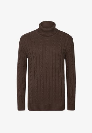 Brauner Kabelstrick-Turtleneck-Pullover mit gerippten Bündchen und Saum, der ein strukturiertes Muster und eine taillierte Silhouette aufweist.