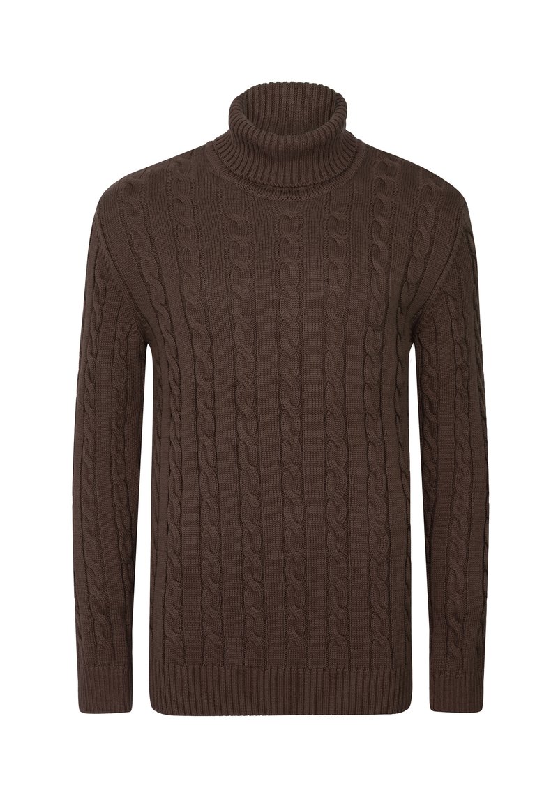 Brauner Kabelstrick-Turtleneck-Pullover mit gerippten Bündchen und Saum, der ein strukturiertes Muster und eine taillierte Silhouette aufweist.