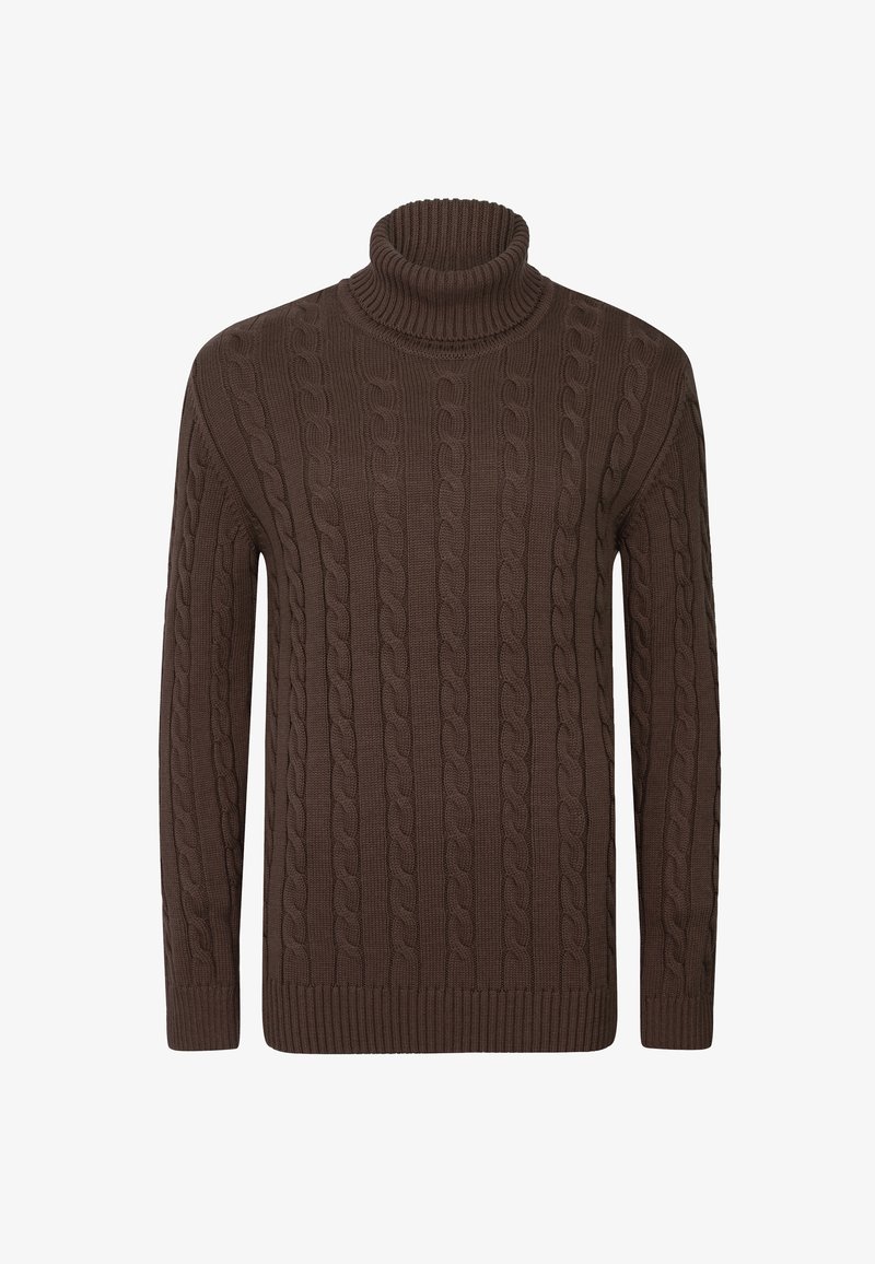 Pruun kaelusena kootud sviiter, millel on soonikservad ja -varrukad, tekstuuriline muster ja istuv siluett.