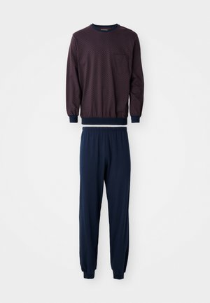 Męski zestaw odzieży domowej składający się z bordowej bluzy z długim rękawem w diamentowy wzór oraz granatowych spodni dresowych z elastycznym paskiem i mankietami.