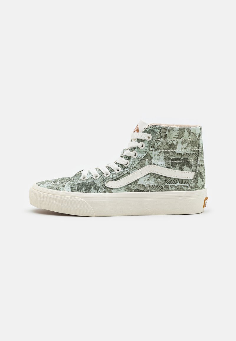High-top sneakers in light green with a textured leaf pattern. Features white laces, a white side stripe, and a cream rubber sole.