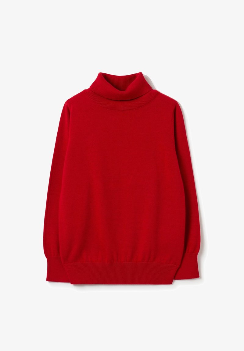 Pull rouge à col roulé manches longues avec poignets et ourlet côtelés, présenté à plat sur fond blanc.