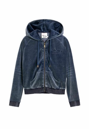 Hanorac cu fermoar din velur bleumarin, cu buzunare frontale, glugă cu șnur, manșete și tiv striate și logo discret brodat pe piept.