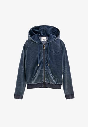 Tmavomodrá velúrová mikina na zips s prednými vreckami, kapucňou so šnúrkami, rebrovanými manžetami a lemom a jemne vyšívaným logom na hrudi.