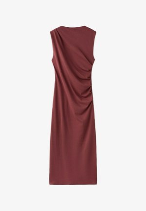 Sleeveless, knee-length dress in dark reddish-brown with asymmetric gathered draping on one side at the back.