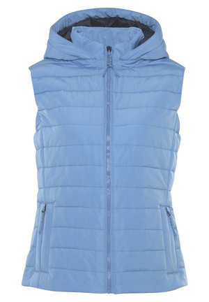 Helles blaues ärmelloses Jacket mit gestepptem Design, hohem Kragen und frontalem Reißverschluss. Verfügt über zwei seitliche Taschen mit Reißverschluss.