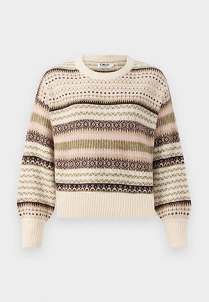 Kremfarget genser med rund hals, med flerfargede geometriske mønstre i rosa, grønt og brunt. Ribbestrikkede mansjetter og nederkant.