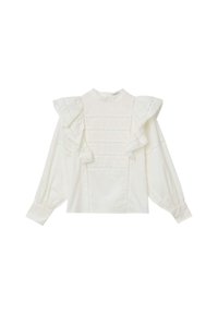 Blusa bianca a maniche lunghe con collo alto, spalle a sbuffo, dettagli a volant e pizzo sul davanti e sulle maniche.