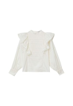 Weiße Bluse mit langen Ärmeln, hohem Kragen, gepufften Schultern, Rüschen und Spitze an der Vorderseite sowie den Ärmeln.
